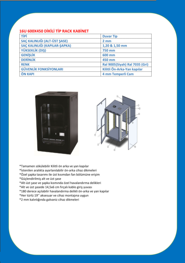 12U 600X450 DUVAR TİPİ KABİNET DATASHEET